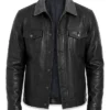 Mens Grey Collar Black Waxed Leather Trucker Jacket