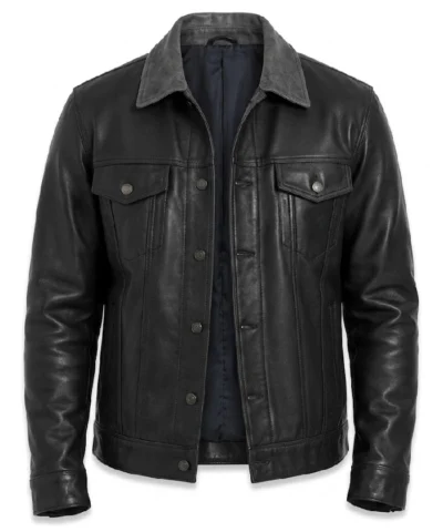 Mens Grey Collar Black Waxed Leather Trucker Jacket