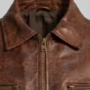 Mens Inferno Brown Leather Jacket Close Up Collar and zip