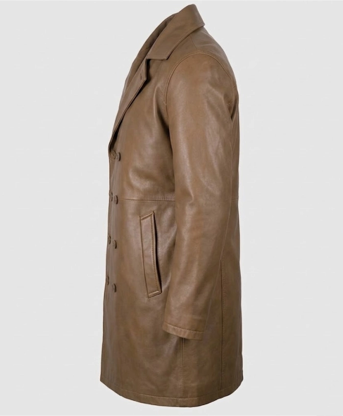 Mens Lambskin Leather Brown Trench Car Coat