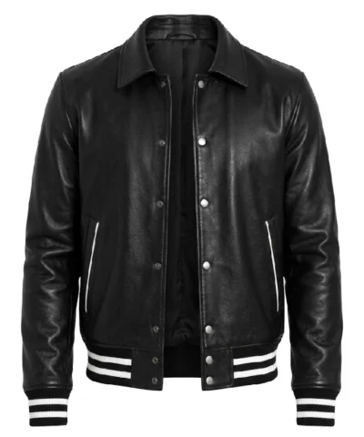 Mens Leather Shirt Collar Varsity Jacket