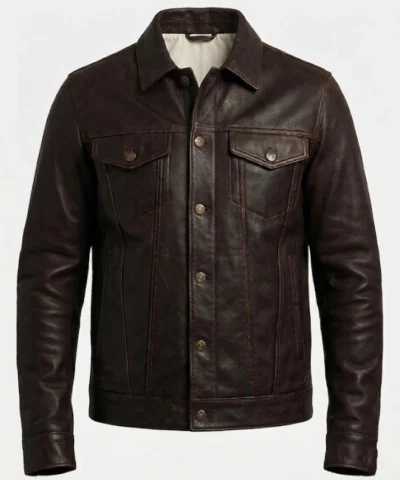 Mens Dark Brown Leather Trucker Jacket