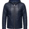 Mens Navy Blue Hooded Leather Jacket