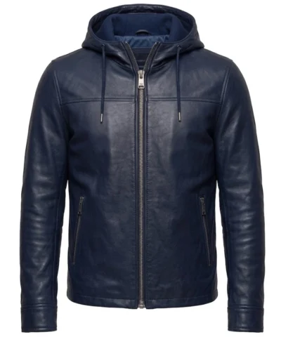 Mens Navy Blue Hooded Leather Jacket