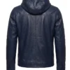 Mens Navy Hooded Leather Jacket