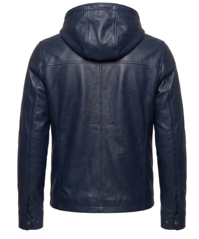 Mens Navy Hooded Leather Jacket