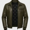 Mens Olive Green Quilted Shoulders Leather Bomber Jacket