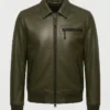 Mens Olive Green Quilted Shoulders Leather Jacket