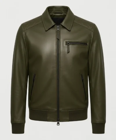 Mens Olive Green Quilted Shoulders Leather Jacket