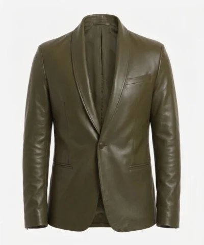 Mens Olive Green Single Button Leather Blazer