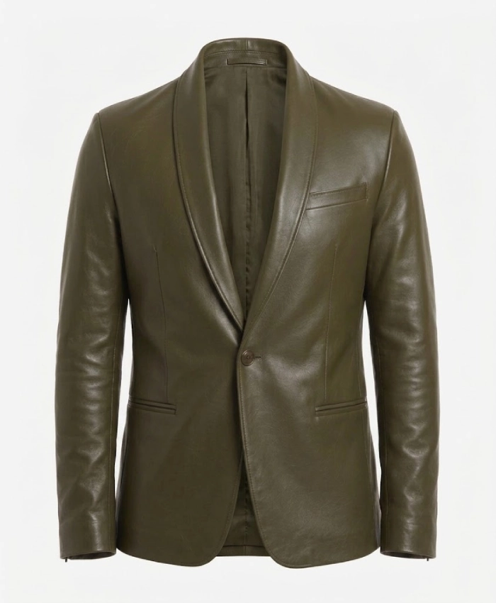 Mens Olive Green Single Button Leather Blazer