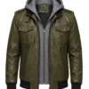 Mens Olive Green Waxed Leather Jacket with Removable Hood