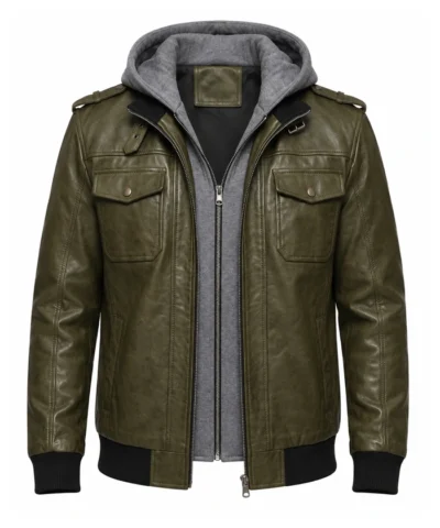 Mens Olive Green Waxed Leather Jacket with Removable Hood