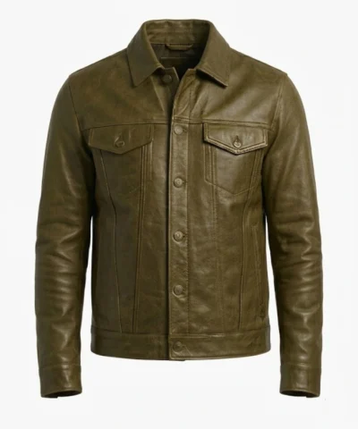 Mens Olive Leather Trucker Jacket For Sale 
