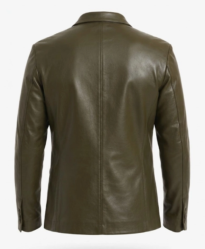 Mens Olive Single Button Leather Blazer