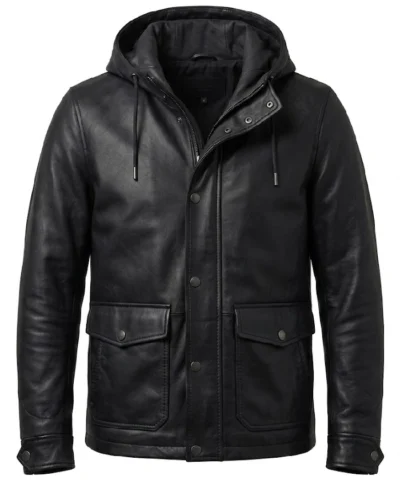Mens Onyx Black Hooded Leather Jacket