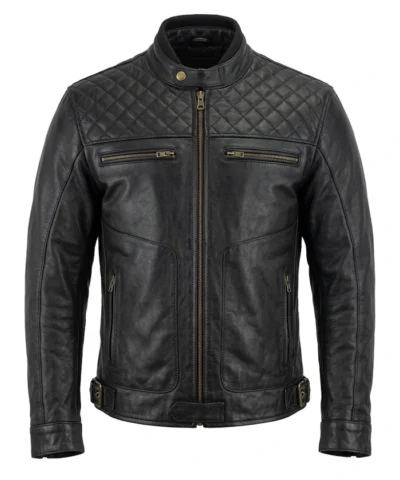 Mens Quilted Cafe Racer Biker Jacket