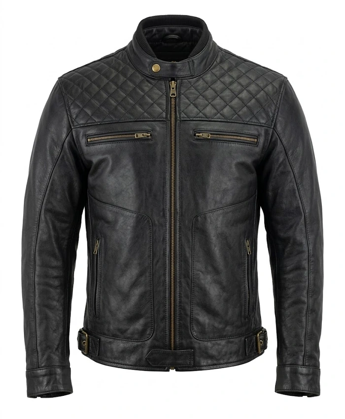 Mens Quilted Cafe Racer Biker Jacket