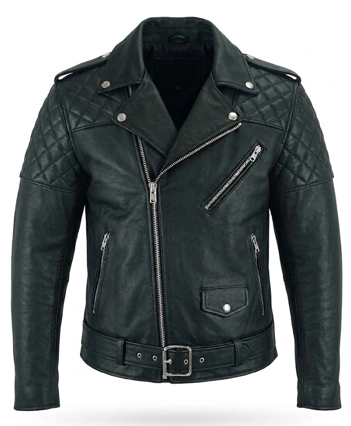 Mens Quilted Cafe Racer Green Biker Jacket
