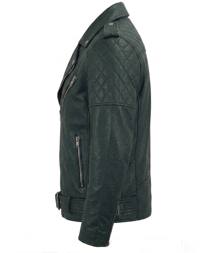 Mens Quilted Shoulder Cafe Racer Biker Leather Jacket