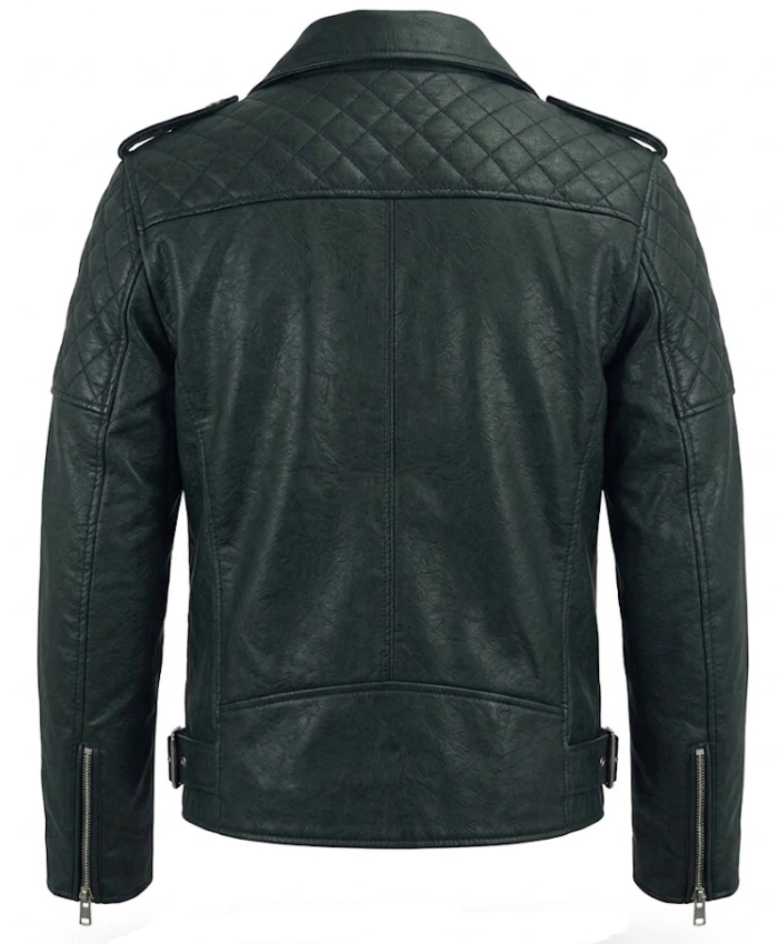 Mens Quilted Shoulder Cafe Racer Green Leather Jacket