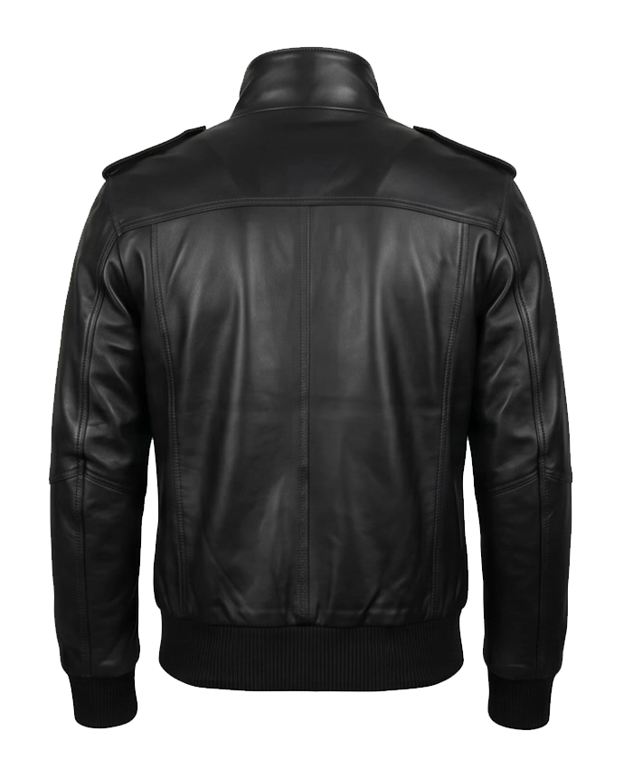 Mens Real Cowhide Leather Black Bomber Jacket Back View