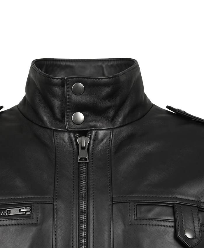 Mens Real Cowhide Leather Black Bomber Jacket Collar Close Up