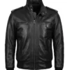 Mens Real Cowhide Leather Black Bomber Jacket Front Open Closure View