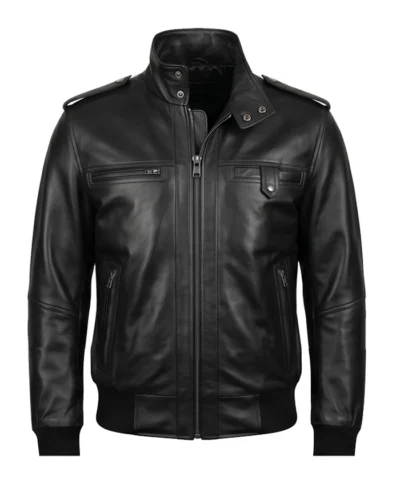 Mens Real Cowhide Leather Black Bomber Jacket Front Open Closure View