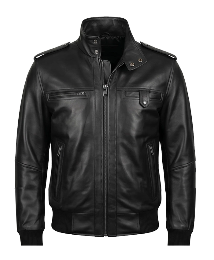 Mens Real Cowhide Leather Black Bomber Jacket Front Open Closure View