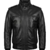 Mens Real Cowhide Leather Black Bomber Jacket Front View