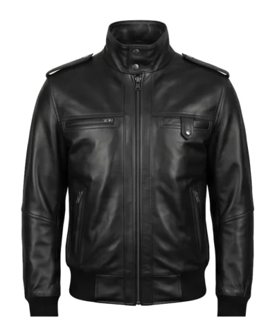 Mens Real Cowhide Leather Black Bomber Jacket Front View