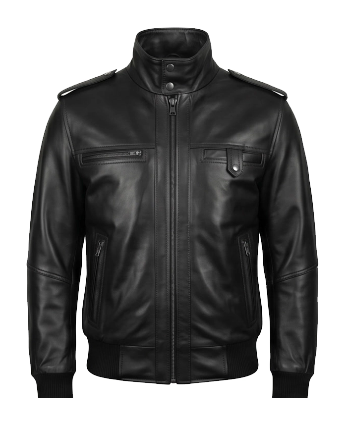 Mens Real Cowhide Leather Black Bomber Jacket Front View