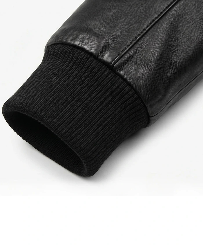 Mens Real Cowhide Leather Black Bomber Jacket Sleeve Close Up