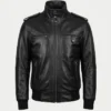 Mens Real Cowhide Leather Rib-knit cuffs Black Bomber Jacket