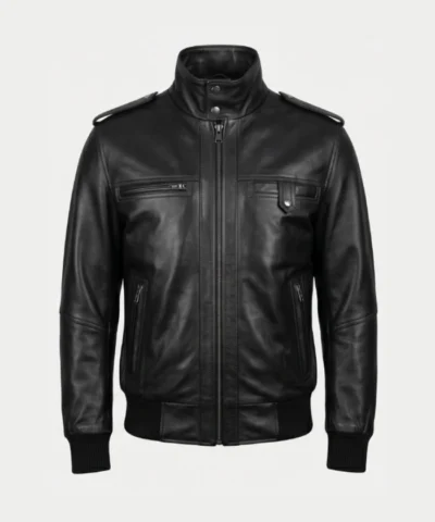 Mens Real Cowhide Leather Rib-knit cuffs Black Bomber Jacket