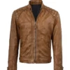 Mens Real Lambskin Leather Biker Style Jacket Camel Brown