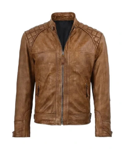 Mens Real Lambskin Leather Biker Style Jacket Camel Brown