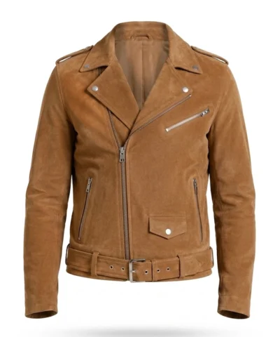 Mens Tan Real Suede Biker Style Jacket