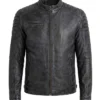 Mens Washed Black Cafe Racer Distressed Jacket