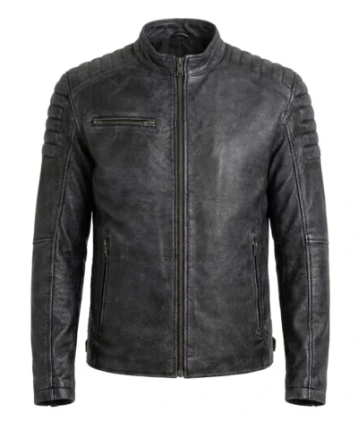 Mens Washed Black Cafe Racer Distressed Jacket