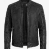 Mens Washed Black Distressed Cafe Racer Leather Jacket