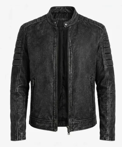 Mens Washed Black Distressed Cafe Racer Leather Jacket