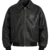 Mens Waxed Leather Oversized Black Bomber Drop Shoulder Jacket