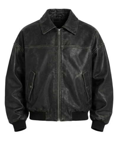 Mens Waxed Leather Oversized Black Bomber Drop Shoulder Jacket