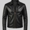 Mens black leather jacket with a sleek and mysterious design