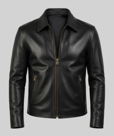 Mens black leather jacket with a sleek and mysterious design