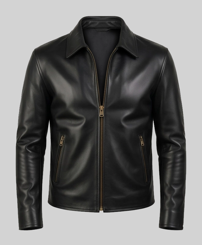 Mens black leather jacket with a sleek and mysterious design