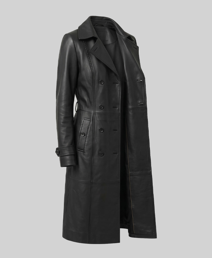 Moonlight Black Leather Trench Coat with Belt For Women