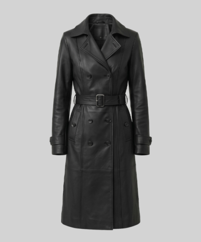 Moonlight Black Leather Trench Coat with Belt For Womens